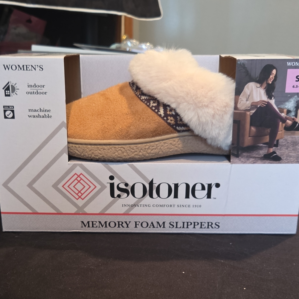 Isotoner Women's Cozy Tan Slippers with Cream Cuff